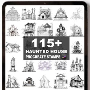 May include: A digital art display on a tablet featuring a collection of over 115 haunted house Procreate stamps. The black and white illustrations showcase various spooky house designs, perfect for digital art projects.