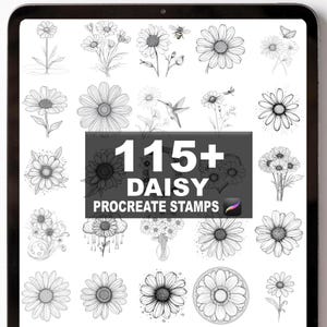 May include: A digital tablet displays a collection of daisy illustrations. The image features various daisy designs, including detailed line drawings and sketches. Text on the screen reads "115+ DAISY PROCREATE STAMPS."