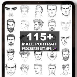 May include: A digital tablet shows a collection of male portrait illustrations. The image features various hairstyles and facial hair styles. The text on the screen reads "115+ Male Portrait Procreate Stamps".
