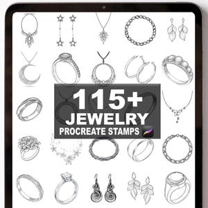 Può includere: Illustrazione digitale di vari design di gioielli, tra cui collane, anelli, orecchini e bracciali. L'immagine presenta il testo "115+ JEWELRY PROCREATE STAMPS" su sfondo scuro, mostrando schizzi dettagliati.