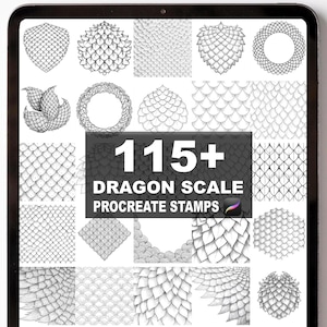 May include: A digital tablet displays a collection of dragon scale designs. The image features various grayscale illustrations of dragon scales, including different shapes and patterns. Text on the screen reads "115+ DRAGON SCALE PROCREATE STAMPS."
