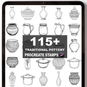 May include: A digital illustration of various traditional pottery designs, including vases, pitchers, and bowls. The image features the text "115+ Traditional Pottery Procreate Stamps" in a dark gray rectangle, showcasing a collection of hand-drawn art.