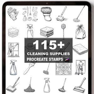 Könnte beinhalten: Digitale Illustration verschiedener Reinigungsutensilien, darunter Sprühflaschen, Schwämme, Besen und Handschuhe. Das Bild enthält den Text "115+ CLEANING SUPPLIES PROCREATE STAMPS". Die Illustration ist in Schwarzweiß gehalten.
