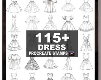 Könnte beinhalten: Ein digitales Tablet zeigt Skizzen von Kleidern in Schwarzweiß. Das Bild zeigt verschiedene Kleiderdesigns, von einfach bis aufwendig. Der Text "115+ DRESS PROCREATE STAMPS" ist deutlich sichtbar.