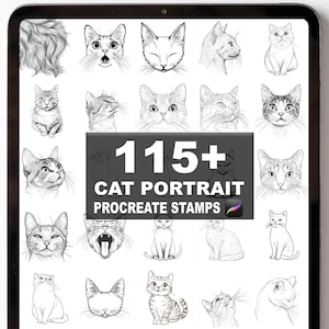 Könnte beinhalten: Ein Tablet-Bildschirm zeigt eine Sammlung von Katzenporträts in Schwarzweiß. Der Text "115+ CAT PORTRAIT PROCREATE STAMPS" ist deutlich zu sehen. Die Illustrationen zeigen Katzen in verschiedenen Posen.