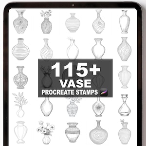 May include: Digital illustration of vase designs. The image shows over 115 vase Procreate stamps, with diverse shapes and styles. The vases are in black and white, highlighting intricate details. The text reads "115+ VASE PROCREATE STAMPS".
