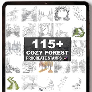 May include: A digital tablet displays a collection of forest-themed Procreate stamps. The image features various illustrations of paths, trees, and natural elements. The text reads "115+ Cozy Forest Procreate Stamps".
