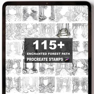 May include: A digital tablet displays a collection of black and white forest path illustrations. The text "115+ Enchanted Forest Path Procreate Stamps" is overlaid on the image. The illustrations depict various forest scenes.