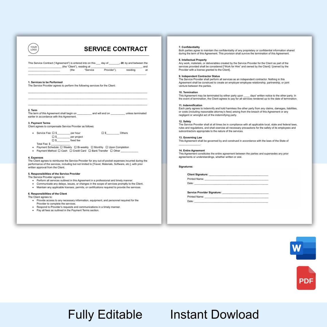 Printable Service Contract Template, Service Agreement, Service ...
