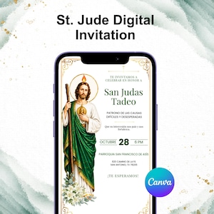 May include: A digital invitation displayed on a smartphone screen featuring an illustration of Saint Jude Thaddeus in green and white robes holding a staff. The text includes San Judas Tadeo, Patrono de las causas difíciles, and event details.