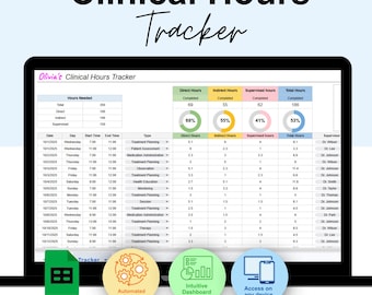 May include: A digital clinical hours tracker displayed on a laptop screen. The spreadsheet shows hours needed, completed, and percentages. The text includes "Clinical Hours Tracker", "Instant download", and "Fully editable".