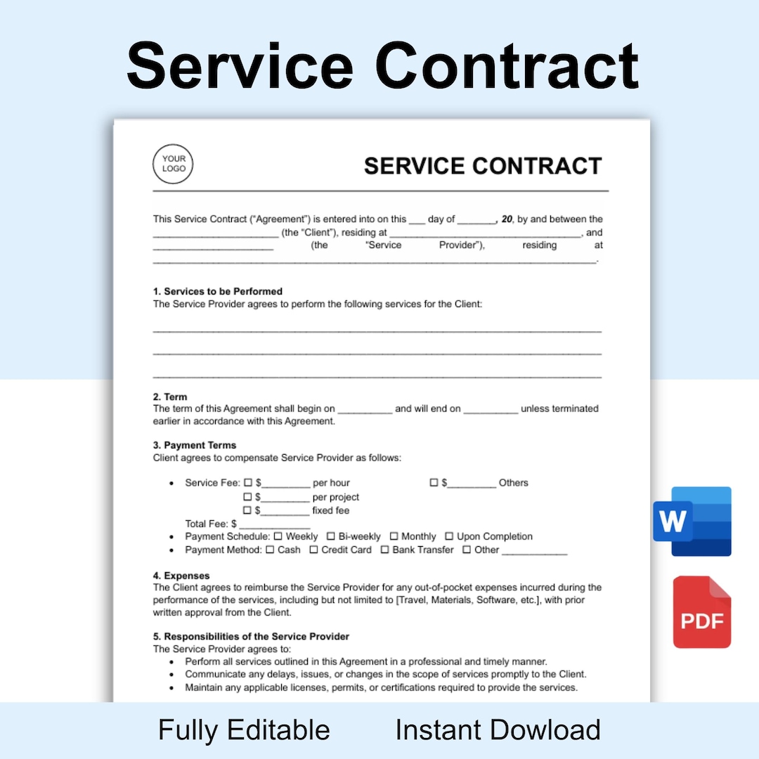 Printable Service Contract Template, Service Agreement, Service ...