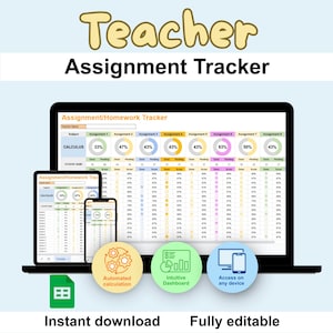 Może przedstawiać: Cyfrowy tracker zadań wyświetlany na laptopie, tablecie i smartfonie. Ekran pokazuje arkusz kalkulacyjny z ocenami zadań. U góry widnieje napis "Teacher Assignment Tracker". Dodatkowy tekst zawiera "Automated calculation", "Intuitive Dashboard" i "Access on any device".