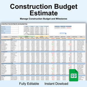 May include: A construction budget estimate document with the title "Construction Budget Estimate" in bold, black text. The document includes tables for managing construction budgets and milestones. The document is fully editable and available for instant download.