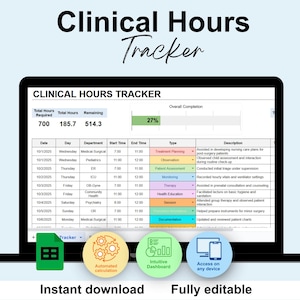 Clinical Hours Tracker Spreadsheet, Clinical Hours Log, Residency Hours Sheet, Nursing School, Social Work, Therapist Time, Internship Hours