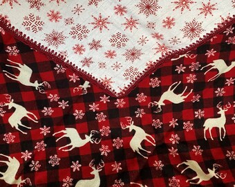 Flannel Baby Blanket with Crochet Edge - Christmas Deer And Snowflakes