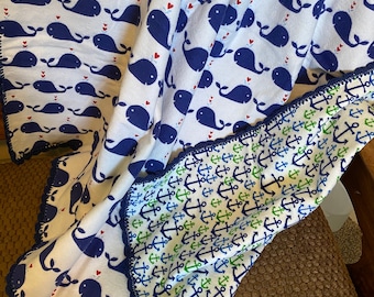 Flannel Baby Blanket with Crochet Edge - Whales and Anchors