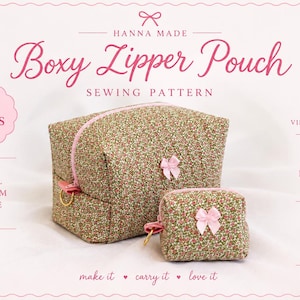 Può includere: Un cartamodello per una pochette con cerniera di Hanna Made, con due pochette in tessuto floreale, cerniere rosa e piccoli fiocchi rosa. Il testo include 5 taglie, video tutorial gratuito, adatto ai principianti e cuciture alla francese.