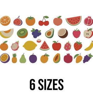 May include: A selection of colourful fruit illustrations, including an orange slice, fig, cherries, apple, watermelon, and pomegranate. Other fruits include a cantaloupe slice, kiwi, blueberries, avocado, coconut, raspberry, apple, orange, dragon fruit, lemon, and strawberry. The text "6 SIZES" is at the bottom.