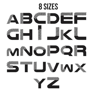 May include: Black uppercase alphabet letters with a decorative leaf design on the side. The text "8 SIZES" is above the letters. The letters are in a bold, sans-serif font.