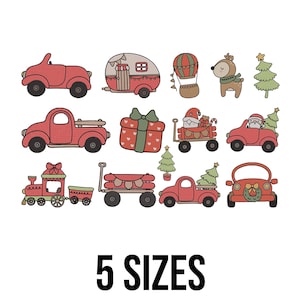 May include: A collection of festive red vehicles and holiday-themed illustrations, including a car, camper, hot air balloon, reindeer, Christmas tree, truck, gift, Santa Claus in a wagon, train, and a car with a wreath. The text "5 SIZES" is at the bottom.