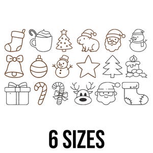 May include: Line art illustrations of Christmas-themed icons, including a stocking, a mug of hot chocolate, a Christmas tree, a capybara in a Santa hat, Santa Claus, a snowman, a bell, an ornament, a gift, a candy cane, and a reindeer. The text "6 SIZES" is below.