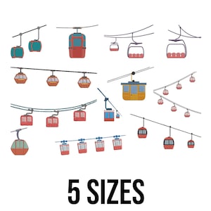 Puede incluir: Ilustración de varios teleféricos coloridos, con cabinas turquesas, rojas y amarillas suspendidas de cables. La imagen incluye el texto "5 SIZES" en negrita negra, indicando diferentes opciones de tamaño para el diseño.