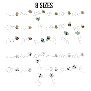 May include: A collection of bee illustrations in various designs. The bees are yellow, black, and blue, with dotted flight paths. The text "8 SIZES" is at the top. These designs are suitable for crafting and decorative projects.