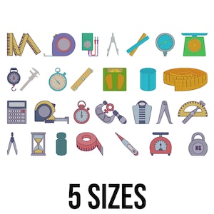 Może przedstawiać: Zbiór kolorowych ilustracji narzędzi i urządzeń pomiarowych, w tym miarki, wagi, suwmiarki i kalkulator. Tekst "5 SIZES" jest wyświetlany poniżej ilustracji.