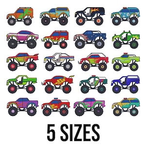 May include: A selection of colourful monster truck illustrations in various designs, including orange, blue, green, and purple. Each truck features large tyres and is set against a white background. The text "5 SIZES" is displayed below the trucks.