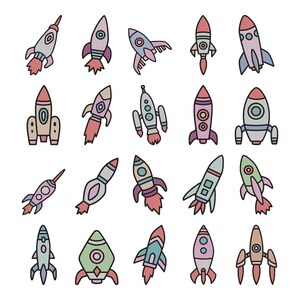 May include: A collection of twenty individual rocket ship illustrations arranged in a grid. Each rocket features a unique design with varied color palettes including shades of blue, pink, green, and tan, all outlined in bold black lines.