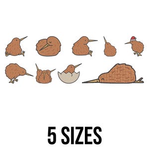 May include: A collection of brown kiwi bird illustrations in various poses, including one wearing a Santa hat. The text "5 SIZES" is displayed in bold, black font at the bottom of the image. The birds have long beaks and are set against a white background.