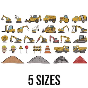 Könnte beinhalten: Eine Illustration mit verschiedenen Baufahrzeugen und Elementen, wie Baggern, Lastwagen und Straßenschildern. Das Bild zeigt gelbe, rote und graue Baugeräte und -materialien. Der Text "5 SIZES" wird unten angezeigt.