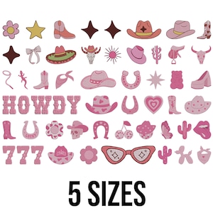 Może przedstawiać: Kolekcja różowych i brązowych ilustracji o tematyce kowbojskiej, w tym kapelusze, buty, gwiazdy i słowo "HOWDY". Obraz zawiera również liczbę "777" i tekst "5 SIZES."