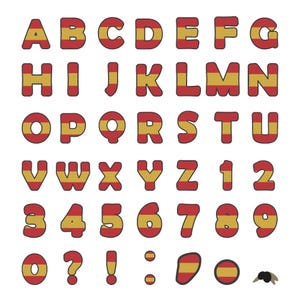 May include: A complete set of uppercase letters, numbers from zero to nine, and punctuation marks, each featuring a horizontal tricolor pattern of red, yellow, and red, resembling the Spanish flag with a textured, dotted surface finish.