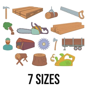 May include: A collection of cartoon illustrations of woodworking tools and lumber, including a hammer, saw, axe, chainsaw, and a lumberjack. The text "7 SIZES" is at the bottom of the image.