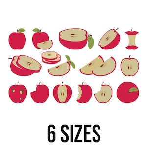 Op de afbeelding: Illustraties van rode appels in verschillende vormen: heel, gesneden en gedeeltelijk gegeten, met groene bladeren. De tekst "6 SIZES" in zwart staat onderaan de afbeelding, wat de beschikbare maten aangeeft.