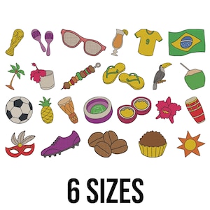 Puede incluir: Colección de iconos coloridos ilustrados que representan la cultura brasileña. Incluye un balón de fútbol, una bandera, gafas de sol, maracas, un tucán y una camiseta de fútbol. El texto "6 TAMAÑOS" se muestra debajo.