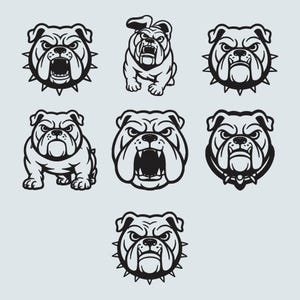Puede incluir: Una colección de siete ilustraciones gráficas en blanco y negro que presentan cabezas y cuerpos completos de bulldogs. Los diseños muestran bulldogs con diversas expresiones, algunos con collares de pinchos, en un estilo de línea audaz.