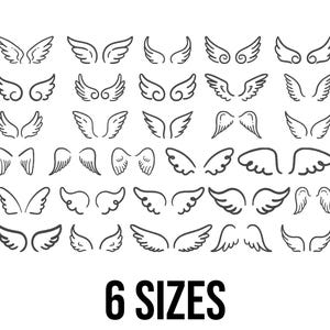 May include: A collection of hand-drawn angel wing designs in various styles. The wings are black and arranged on a white background. The text "6 SIZES" is displayed in black at the bottom of the image.