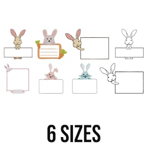 Könnte beinhalten: Eine Sammlung von Cartoon-Hasen-Illustrationen mit leeren rechteckigen Rahmen. Die Hasen sind in verschiedenen Farben und Stilen gehalten, einige halten Karotten. Der Text "6 SIZES" wird in fetter, schwarzer Schrift am unteren Bildrand angezeigt.