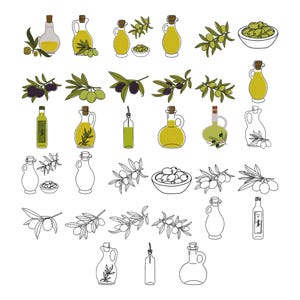 Puede incluir: Una colección de ilustraciones de aceite de oliva que incluye varias botellas de vidrio, aceiteras y cuencos llenos de aceitunas verdes o negras. El conjunto incluye dibujos detallados a color y arte lineal simple en blanco y negro de ramas.