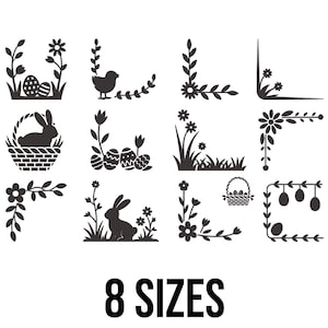 May include: Black and white Easter-themed corner designs featuring eggs, bunnies, chicks, flowers, and baskets. The image includes the text "8 SIZES" at the bottom, indicating the availability of the designs in multiple sizes. These designs are suitable for various craft projects.