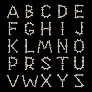 May include: A complete alphabet from A to Z displayed against a solid black background. Each individual letter is constructed from small, light beige bone shapes arranged to form the character outlines, creating a cohesive set of bone-themed letters.