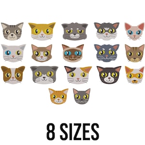 May include: A collection of embroidered cat faces in various colors and patterns, including gray, orange, and black. The image displays a variety of cat faces with different eye colors and markings. The text "8 SIZES" is displayed in black at the bottom of the image.