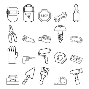 Puede incluir: Ilustración en blanco y negro de varias herramientas, incluyendo una máscara de soldar, un cubo de pintura, una señal de stop, una llave inglesa, un destornillador, unos alicates, una sierra, cinta adhesiva, un tornillo, gafas protectoras, un guante, un taladro, un rodillo de pintura, una tuerca, una esponja, una caja de herramientas, una llana, un pincel, una cinta métrica y un martillo.