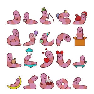 以下が含まれることがあります： 濃いピンクの縞模様が入ったピンク色の漫画風のミミズが20匹描かれたコレクション。釣りをする、ハートを持つ、パーティーハットをかぶる、箱に入る、黄色い三日月に乗るなど、それぞれが異なる動作をしており、すべてシンプルな顔が描かれています。