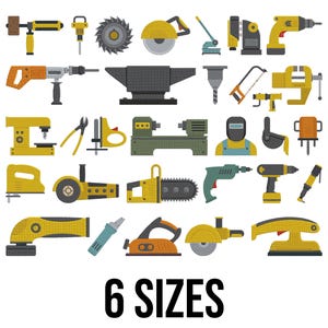 Peut inclure: Divers outils jaunes et gris, dont des scies et des perceuses, sont présentés sur fond blanc. Le texte "6 SIZES" est imprimé en noir en bas de l'image. Les outils sont disposés en rangées et en colonnes.