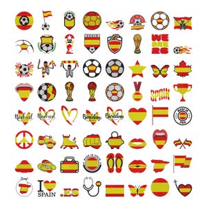 May include: A collection of digital stickers featuring the Spanish flag in various shapes and designs, including footballs, hearts, trophies, skeletons, lips, maps of Spain, butterflies, and text elements like Madrid, Barcelona, and I love Spain.