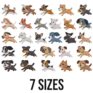 Puede incluir: Ilustraciones de perros de dibujos animados de varias razas y colores, cada uno en una pose corriendo. El texto "7 SIZES" se muestra en negrita negra debajo, indicando opciones de tamaño.
